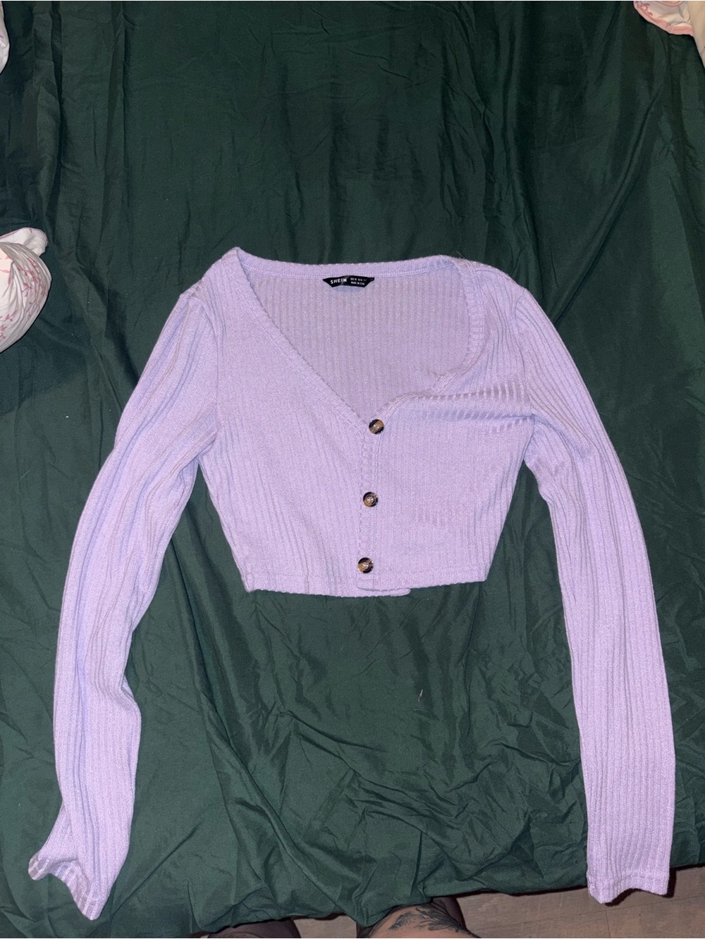 SHEIN Lavender Ribbed Cropped V-Neck Button Front Top